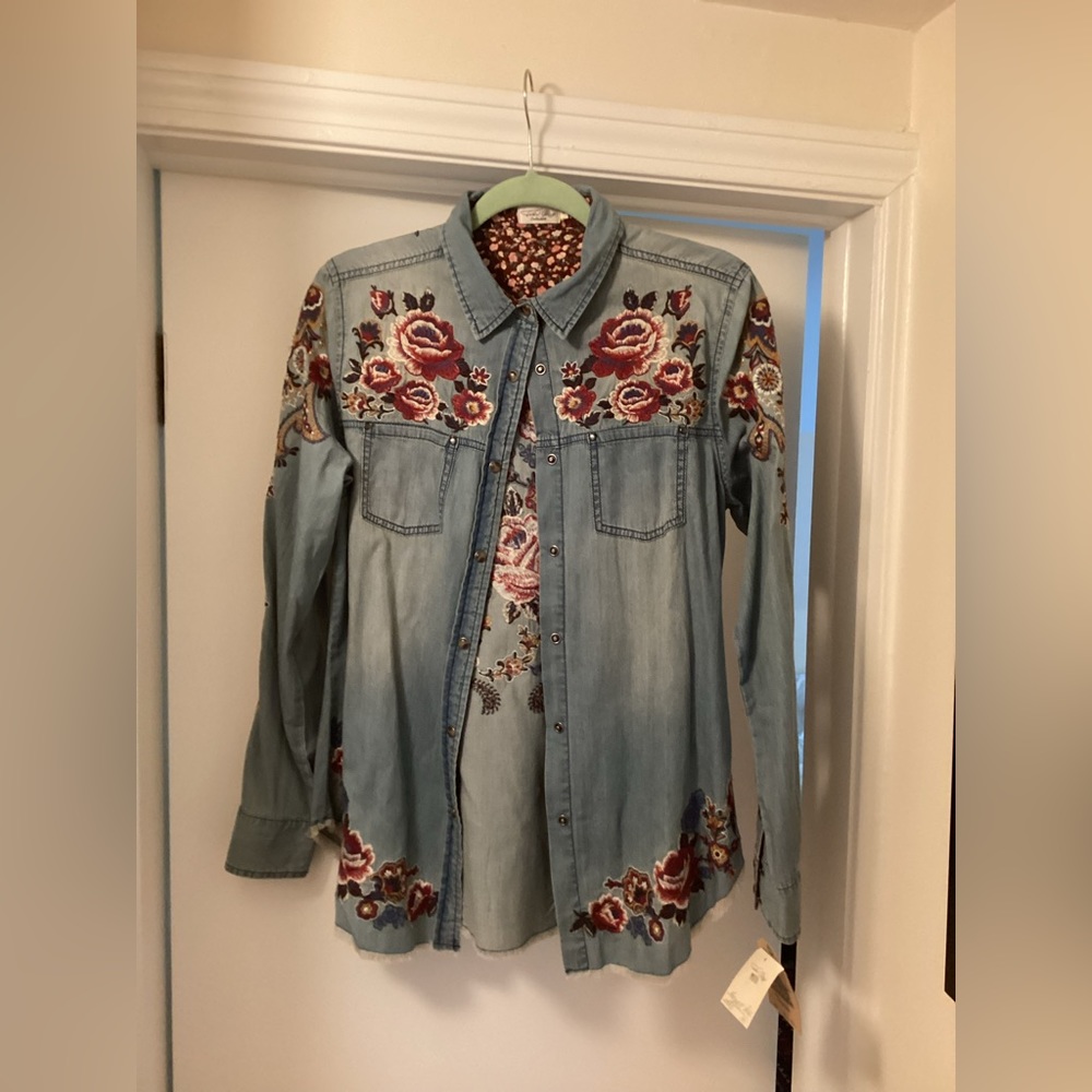 Tasha Polizzi denim snap button long sleeve shirt